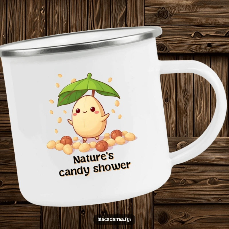 Funny macadamia nut character with leaf umbrella, dodging candy nut drizzle, rugged camping mug for a funny gift.