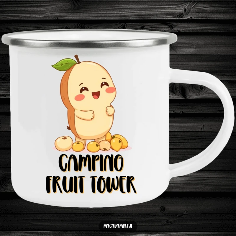 Funny macadamia nut giggling while balancing a stack of tiny fruits, on a durable camping mug for outdoor amusement.