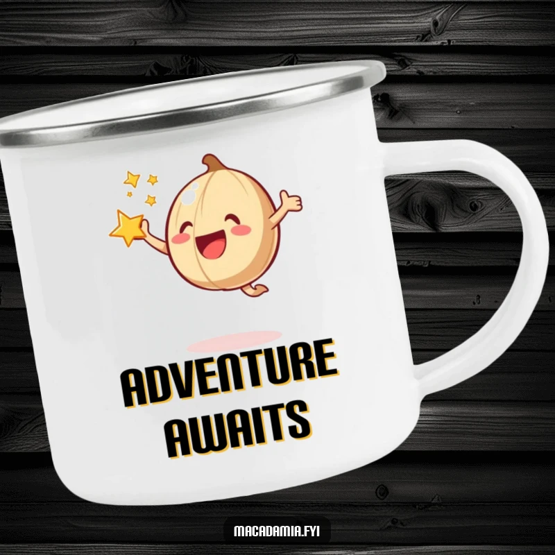 Durable funny camping mug with a macadamia nut joyfully jumping with a starburst around it.