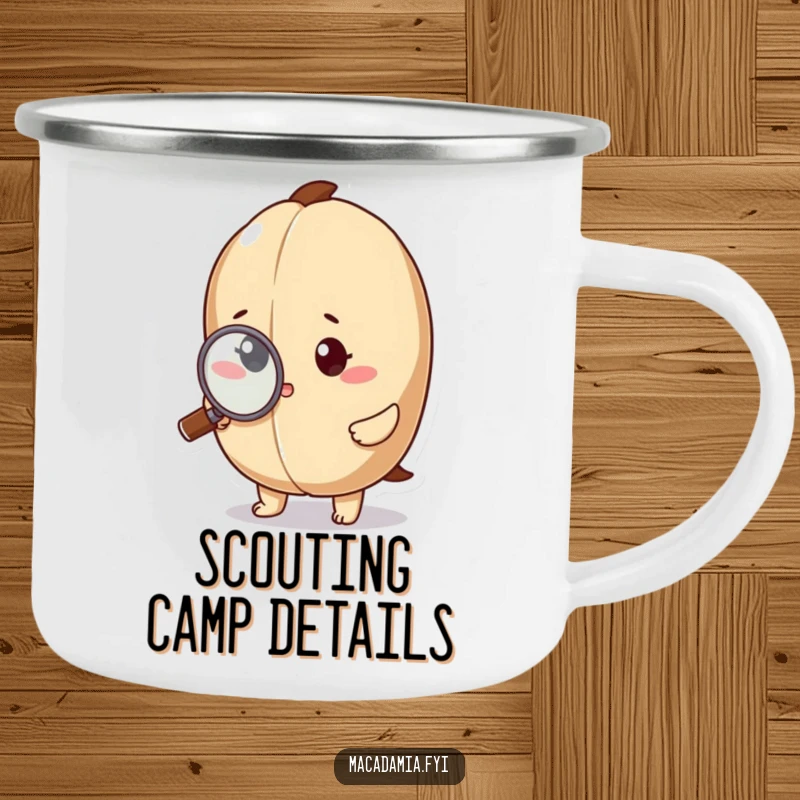 Funny macadamia nut character inspecting a small detail with a magnifying glass on a durable camping mug.