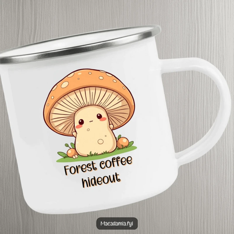 Funny macadamia nut character peeking from behind a friendly mushroom on a durable camping mug.