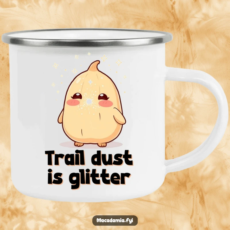 Funny macadamia nut character sneezes a dazzling sparkle cloud, perfect for a rugged camping mug.