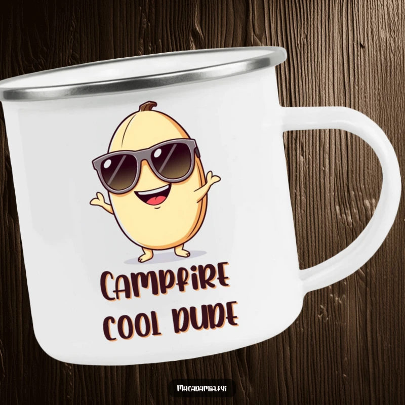 Funny macadamia nut camping mug with a grinning nut in sunglasses, posing playfully for outdoor adventures.
