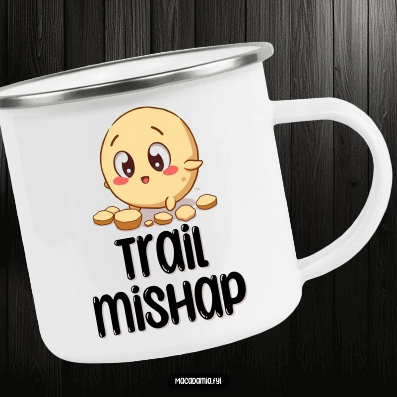 Funny Macadamia Nut Camping Mug: A wide-eyed macadamia nut trips, scattering shell pieces, perfect for adventurous humor.