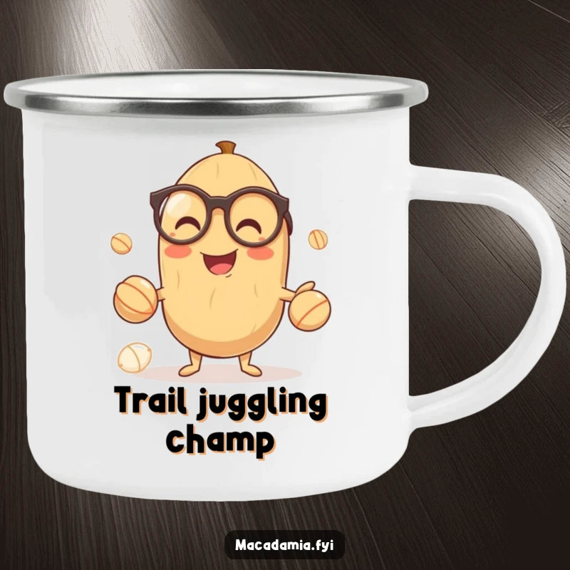 Funny camping mug featuring a smiling macadamia nut wearing glasses, gleefully juggling smaller nuts, for smart outdoor enjoyment.