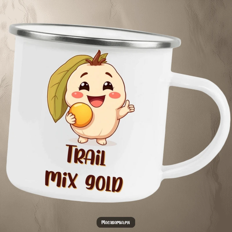 Funny camping mug of a macadamia nut character with a triumphant grin, holding a golden macadamia nut, for humorous outdoor nutty enjoyment.