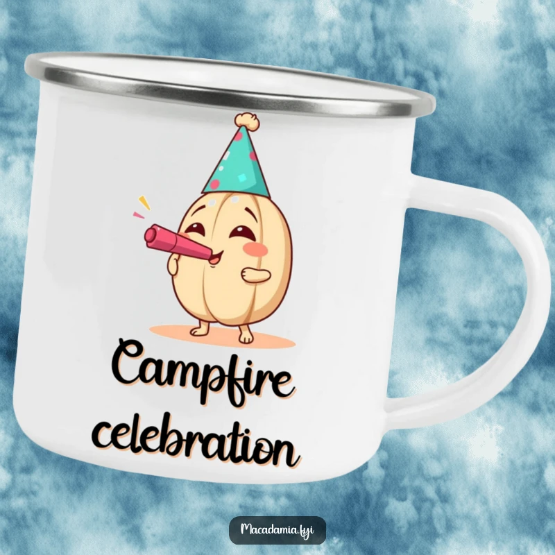 Funny Party Nut Camping Mug with a macadamia nut in a party hat blowing a noisemaker with exaggerated joy, for festive adventures.