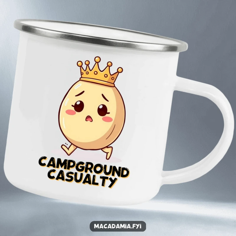 Funny macadamia nut camping mug showing a crowned character tripping with surprise, a humorous addition to outdoor gear.