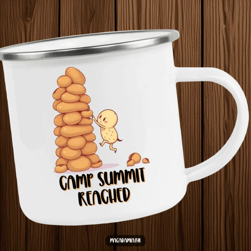 Funny camping mug featuring a macadamia nut character attempting to climb a giant, wobbly stack of macadamia nuts, ideal for outdoor challenges.