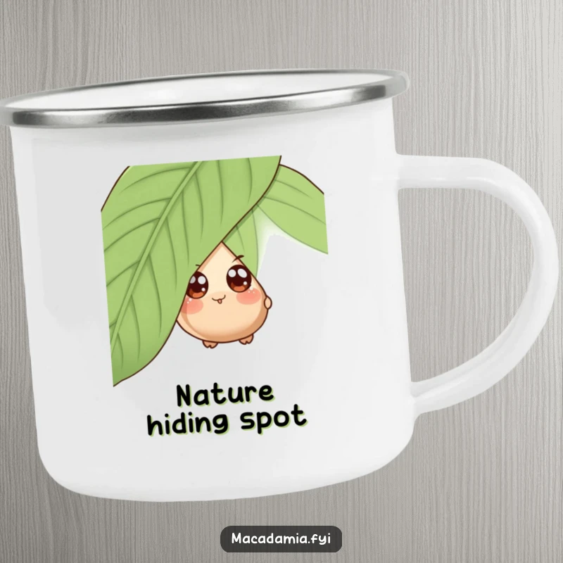 Funny camping mug with a wide-eyed macadamia nut character playfully peeking from behind a giant leaf, great for outdoor enjoyment.