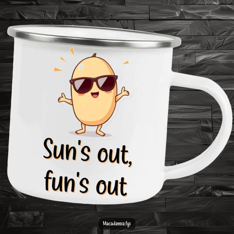 Funny kawaii macadamia nut wearing sunglasses and doing a dance pose in this durable humorous camping mug.