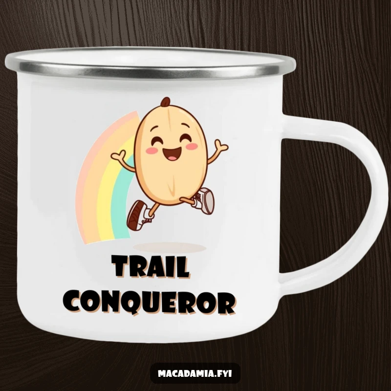 Durable funny camping mug with a macadamia nut in running shoes jogging over a rainbow.