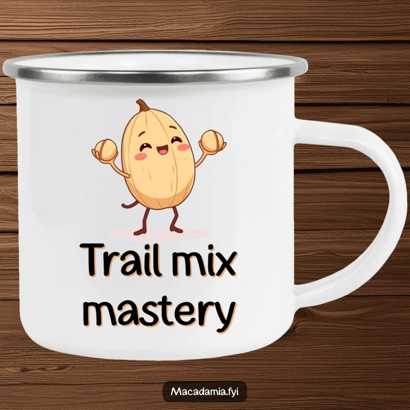 Funny Macadamia Nut Camping Mug: A macadamia nut with tiny legs juggles smaller nuts, perfect for adventurous humor.