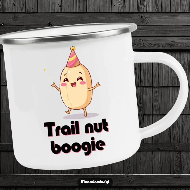 Funny macadamia nut camping mug showing a nut with a hat dancing, perfect for sipping and celebrating outdoors.