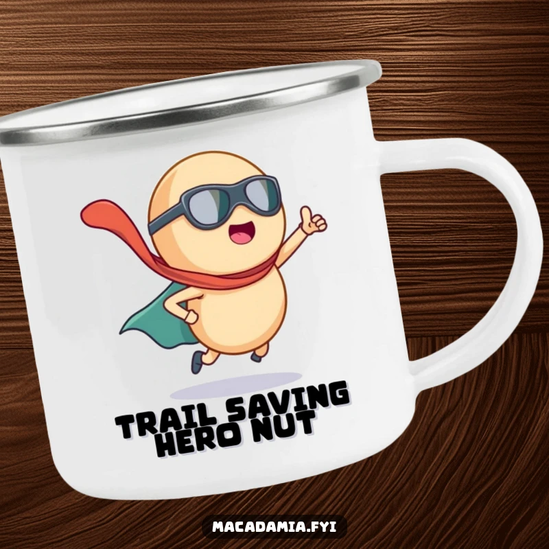 Funny macadamia nut superhero with a dramatic cape flying, on a durable camping mug for heroic outdoor enjoyment.
