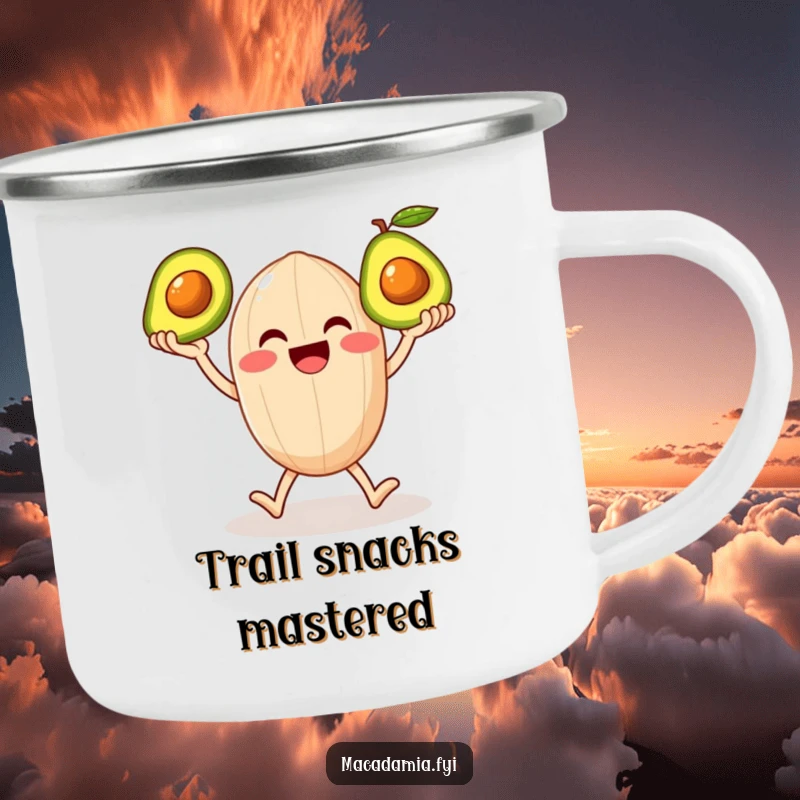 Funny camping mug with a smiling macadamia nut character on legs happily juggling three shiny avocados, perfect for outdoor meals.