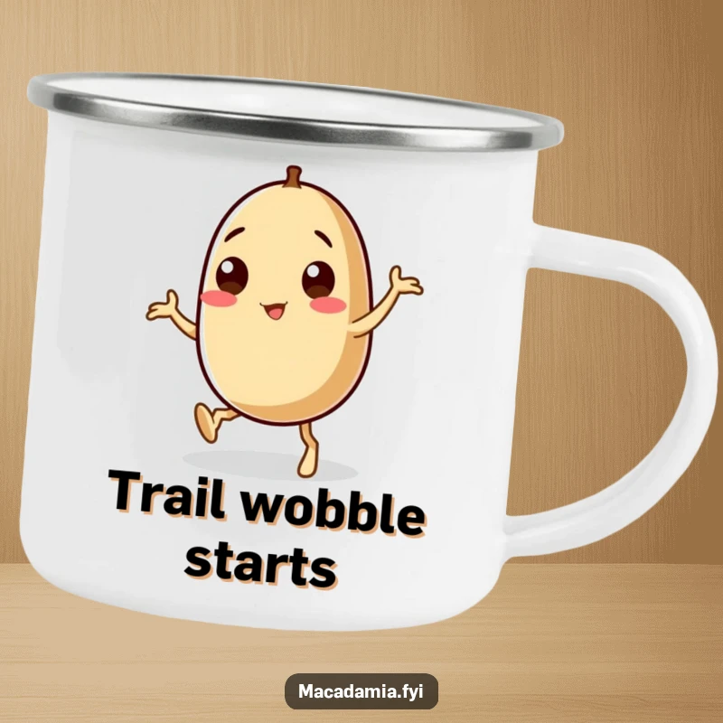 Funny macadamia nut character doing a silly dance with wobbly legs on a durable camping mug, for outdoor humor.