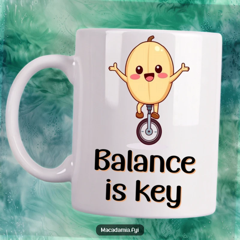 Funny mug featuring a macadamia nut with arms outstretched, joyfully riding a unicycle with a carefree, adventurous spirit.