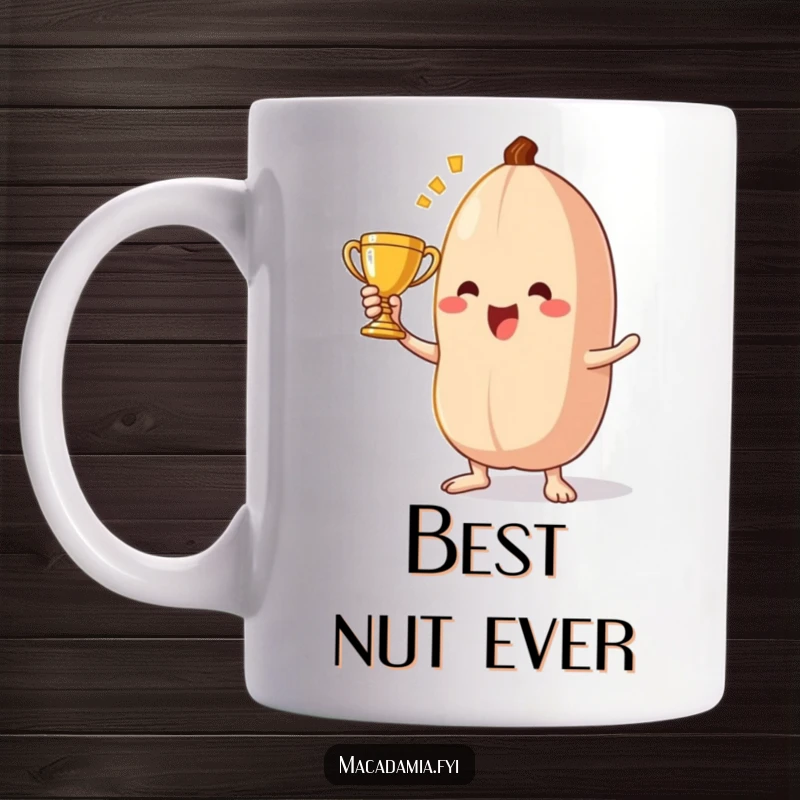 Funny macadamia nut mug featuring a triumphant character holding a tiny golden trophy aloft with pride and a happy smile.