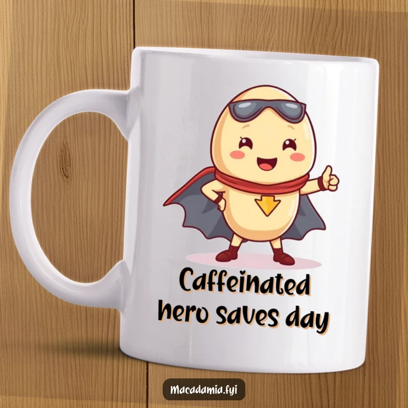 Funny Kawaii macadamia nut striking a brave superhero pose with a flowing cape on a mug.