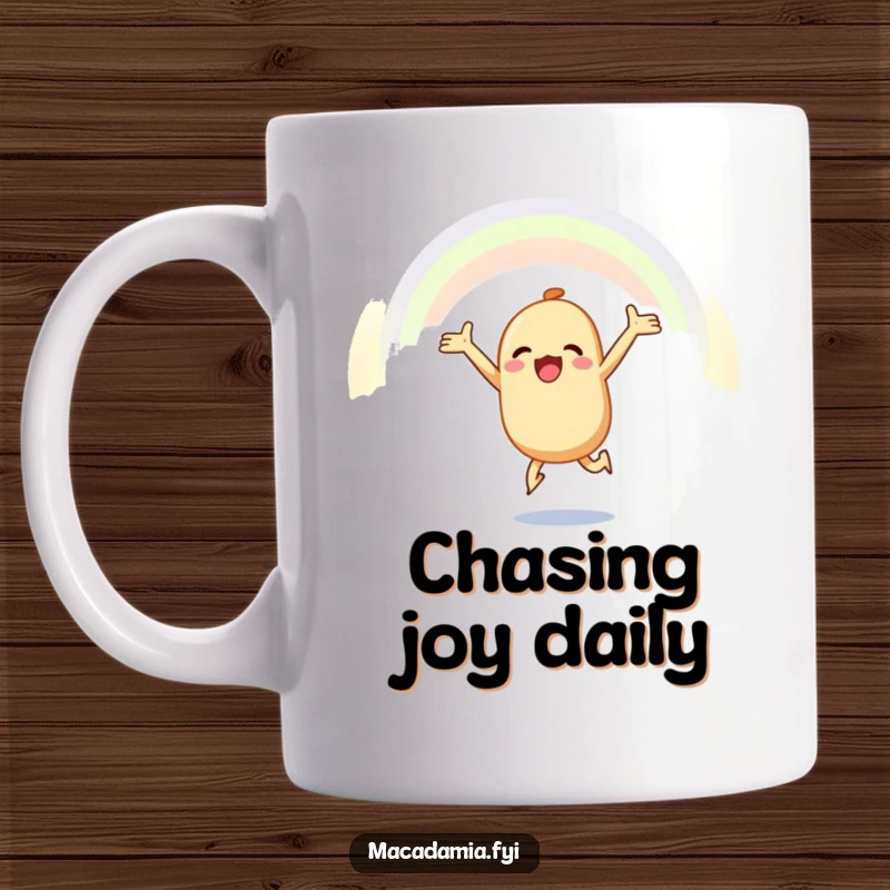 Funny macadamia nut mug with a joyful macadamia nut leaping with arms outstretched towards a colorful rainbow.