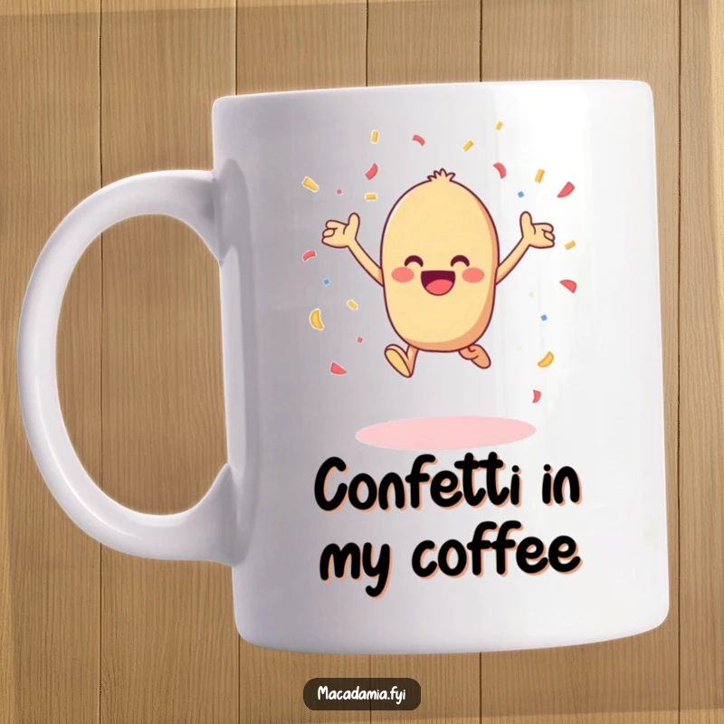 Funny kawaii macadamia nut leaping with joy and tossing confetti in the air, perfect for this vibrant mug.
