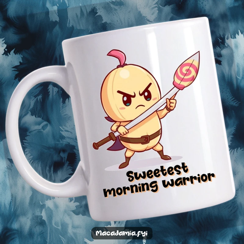 Funny macadamia nut mug showing a determined character bravely brandishing a lollipop as a sword, ready for anything.