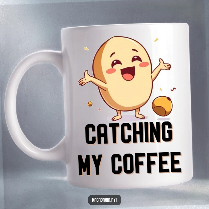 Funny Macadamia Nut Mug featuring an excited nut with arms wide open, joyfully catching a falling nut, symbolizing good fortune.