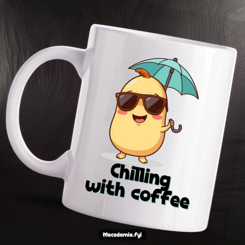 Funny mug of a giggling macadamia nut character wearing cool sunglasses and holding a tiny umbrella, ready for fun.
