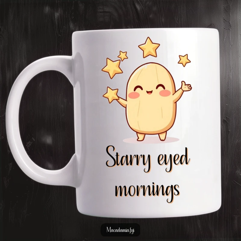 Funny macadamia nut mug with rosy cheeks, cheerfully juggling three sparkling stars, embodying playful magic.