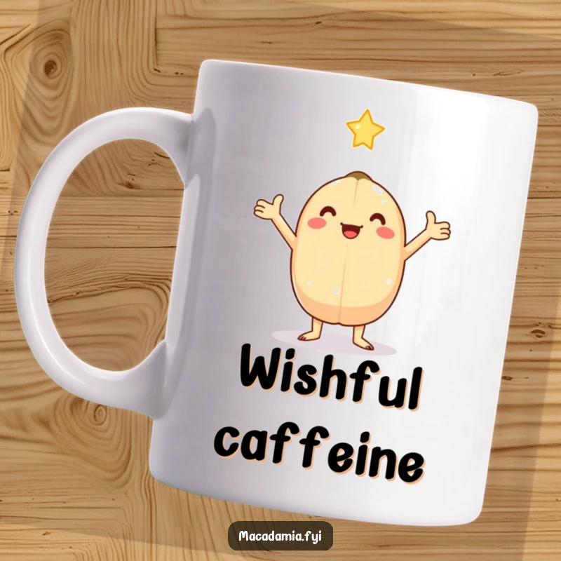 Funny kawaii macadamia nut with arms outstretched, catching a falling star, perfect for this whimsical mug.