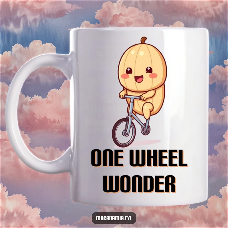 Funny kawaii macadamia nut riding a tiny unicycle with a huge smile, perfect for this humorous coffee mug.