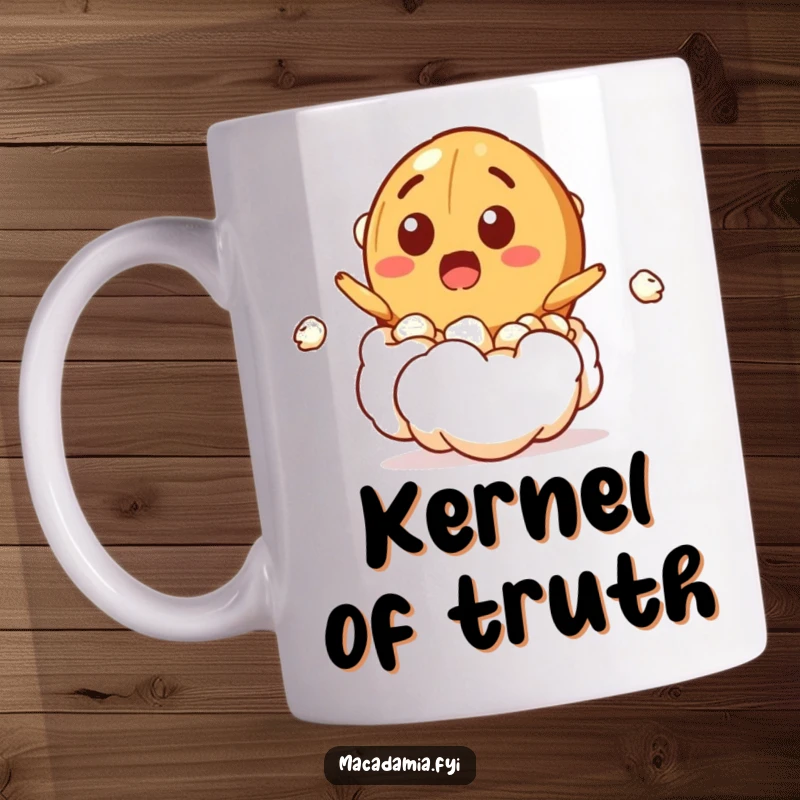 Funny mug featuring a macadamia nut character bursting out of a popcorn kernel with a wide, surprised grin, embodying delightful shock.