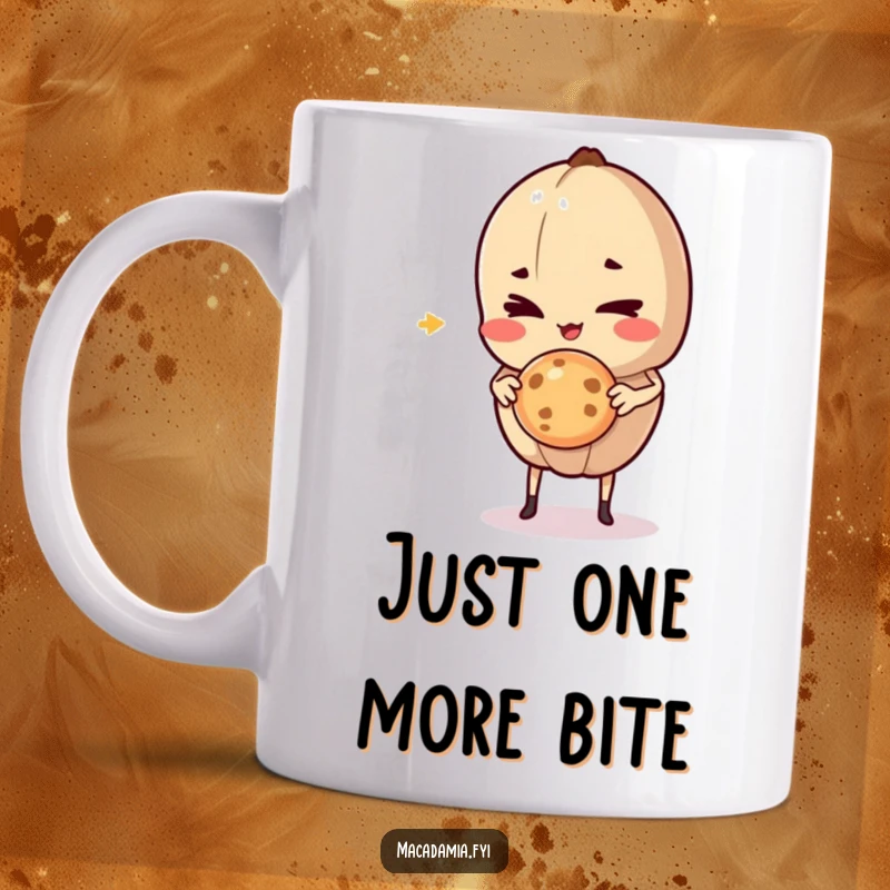 Funny Macadamia Nut character giving a mischievous wink while holding a delicious cookie mid-air, perfect for snack lovers.