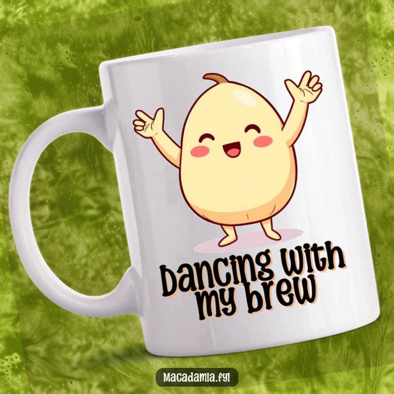 Funny mug showing a macadamia nut character doing a silly, energetic dance with its arms thrown joyfully in the air.