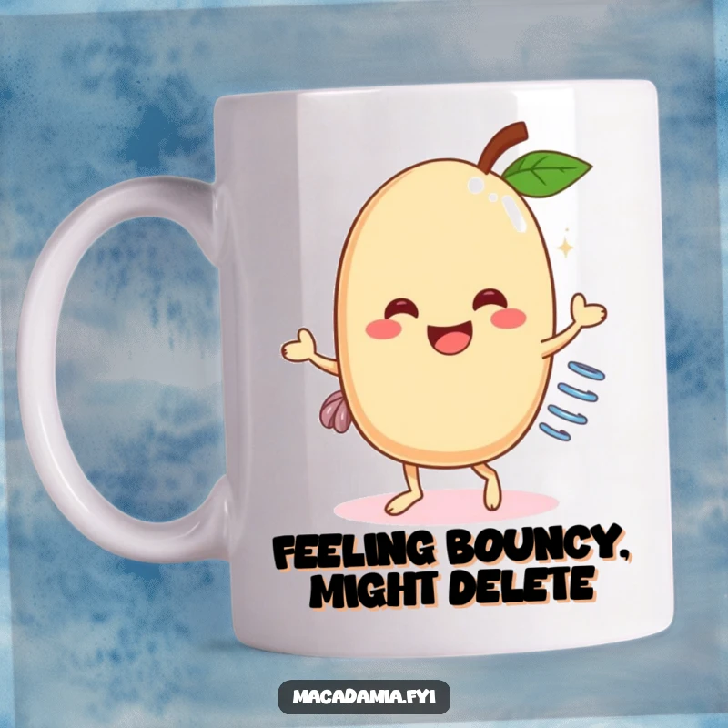Funny Macadamia Nut Dancer Mug: Cheerful nut with a spring doing a hilarious dance move, bringing pure joy and laughter.