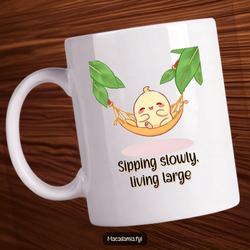 Funny Macadamia Nut Hammock Mug: A blissful macadamia nut character relaxing peacefully on a tiny hammock, embodying ultimate chill and humor.