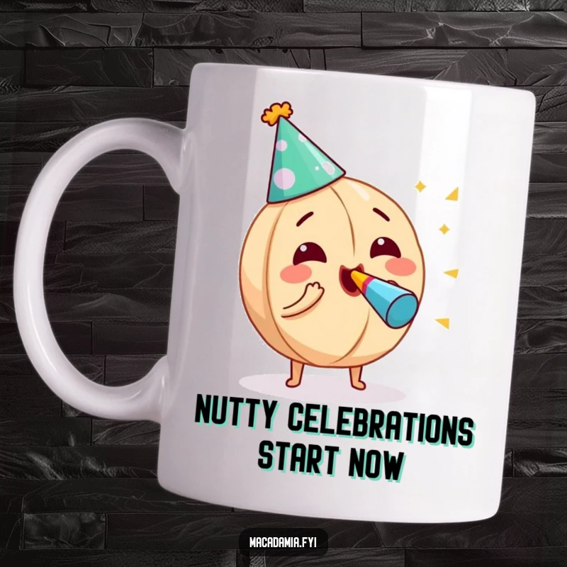 Funny macadamia nut wearing a party hat, excitedly blowing a noisemaker, conveying pure, unadulterated party joy on this mug.