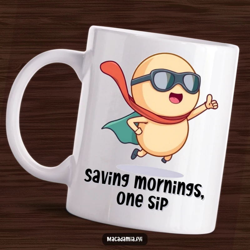 Funny macadamia nut character dramatically posing as a superhero, cape flying, on a mug ready to save the day.