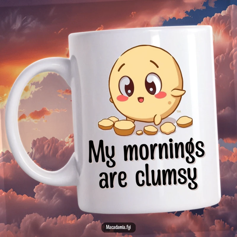 Funny Macadamia Nut Mug: A wide-eyed macadamia nut character trips, scattering shell pieces in a moment of comical disaster.