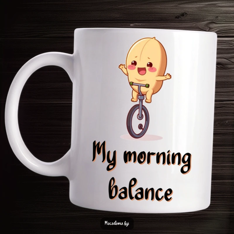 Funny macadamia nut character joyfully balancing on a unicycle, a whimsical and humorous scene for a coffee mug.