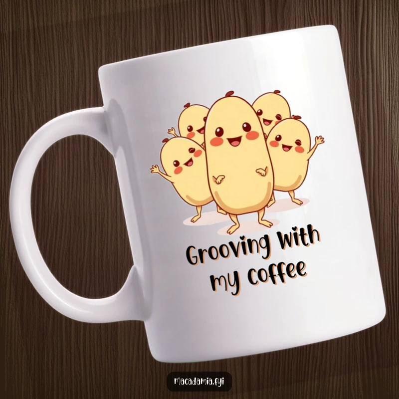 Funny Macadamia Nut Mug: A group of macadamia nuts boogie with cheerful expressions and wiggling limbs, celebrating with dance.