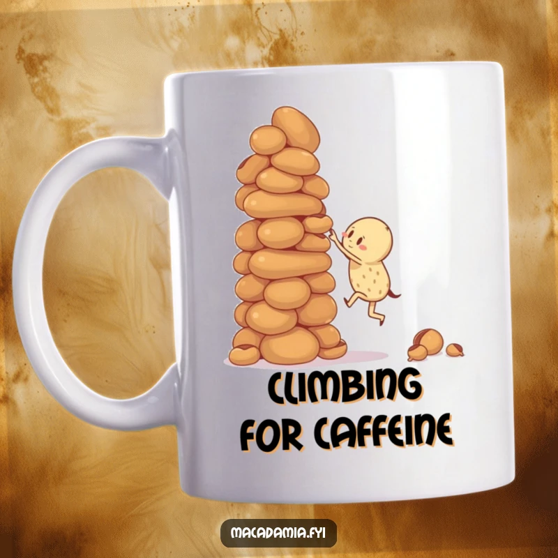Funny mug with a macadamia nut character attempting to climb a giant, wobbly stack of macadamia nuts, showing determination.