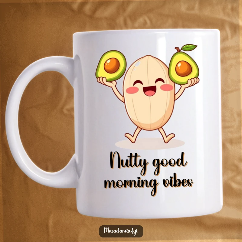 Funny mug with a smiling macadamia nut character on legs happily juggling three shiny avocados, radiating pure joy and culinary skill.