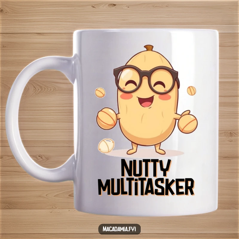 Funny mug featuring a smiling macadamia nut in tiny glasses gleefully juggling three smaller nuts, showcasing intelligence and humor.