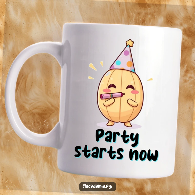 Funny macadamia nut wearing a party hat, blowing a noisemaker exuberantly on a mug, looking festive, a great funny gift.