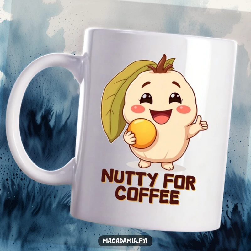 Funny mug featuring a macadamia nut character with a triumphant grin, holding a golden macadamia nut, celebrating humorous nutty success.
