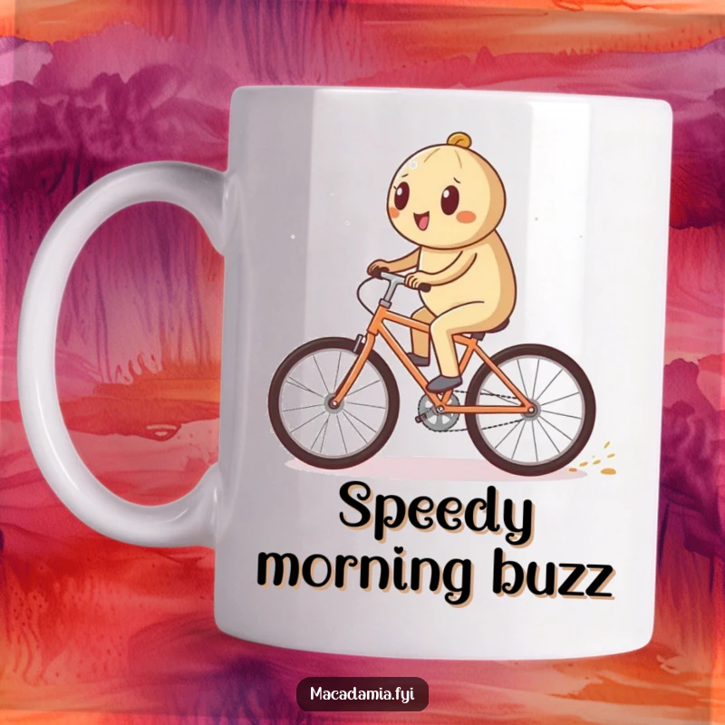 Funny macadamia nut character riding a bicycle quickly, leaving a sparkling trail on a mug, symbolizing speed and joy, a fun funny gift.