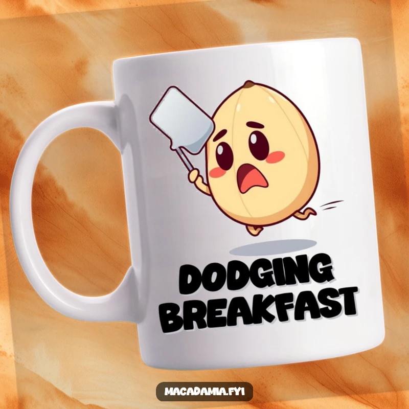 Funny Macadamia Nut Mug showing a nut with a shocked face rapidly dodging a flying spatula.