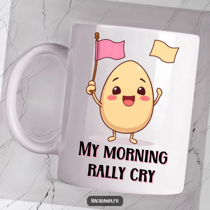 Funny mug with a macadamia nut character excitedly waving a tiny flag with a funny face, expressing pure joy and celebration.